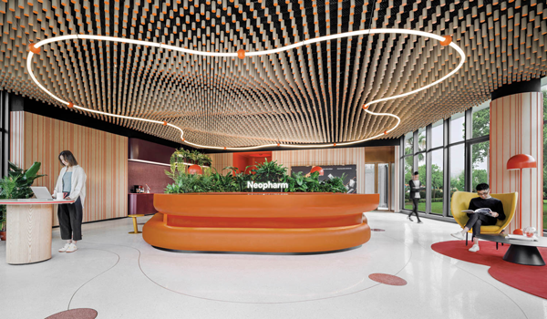 stacks of LED lights above an office lobby