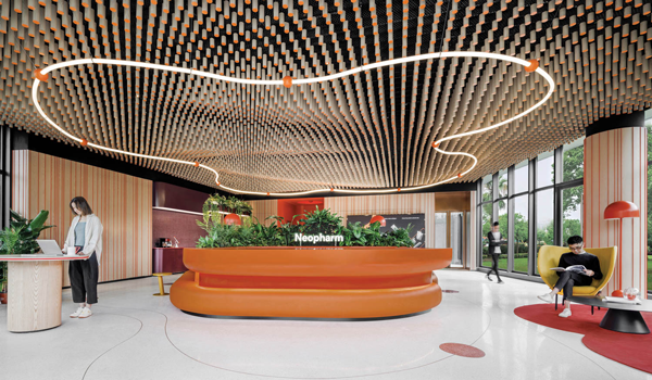 metal rods form an undulating canopy in the lobby of a Shanghai workplace