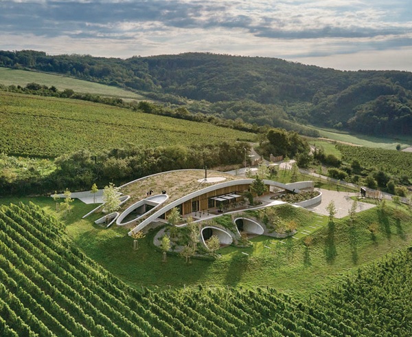 a sustainably designed winery surrounded by fields