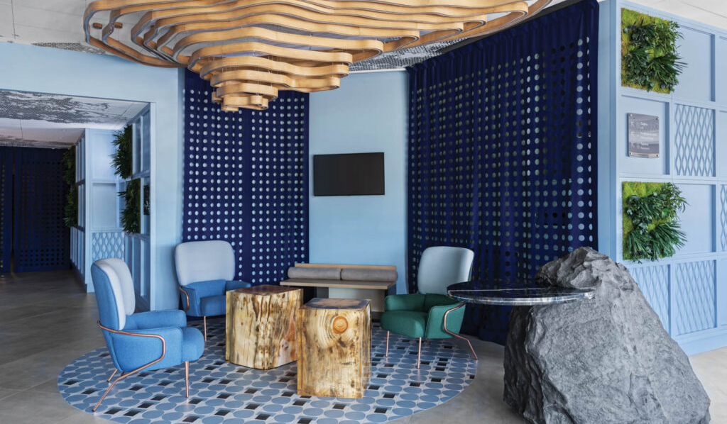 blue walls and matching accents in a hotel