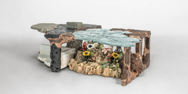 a coffee stable with flora and fungi blanketing the base