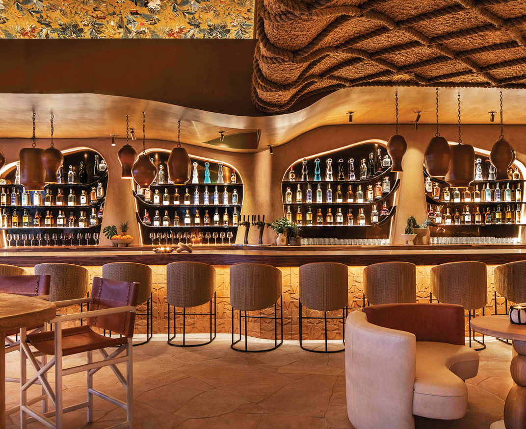 organically-shaped niches hold bottles behind the bar