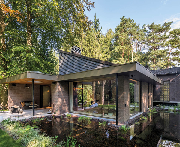 an L-shaped pond surrounds a home in the forest