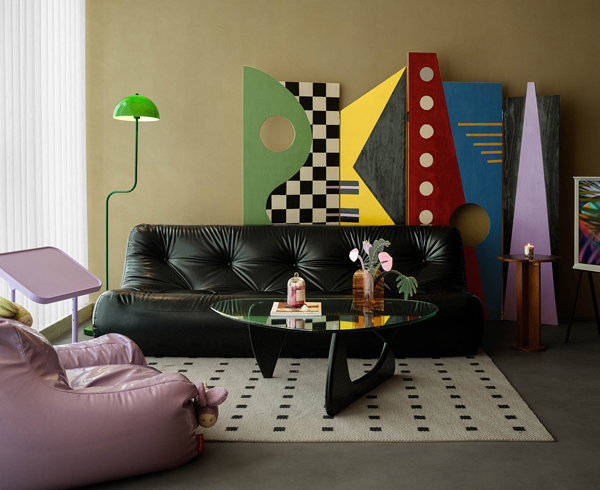 Memphis-inspired design elements in an office lounge