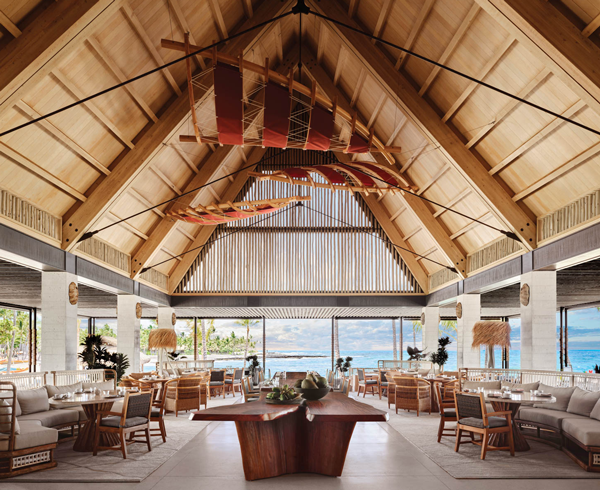 a canoe sail installation of the roof of a resort restaurant