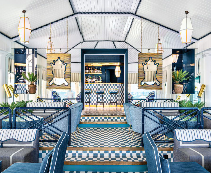 a blue-hued Portuguese hotel bar