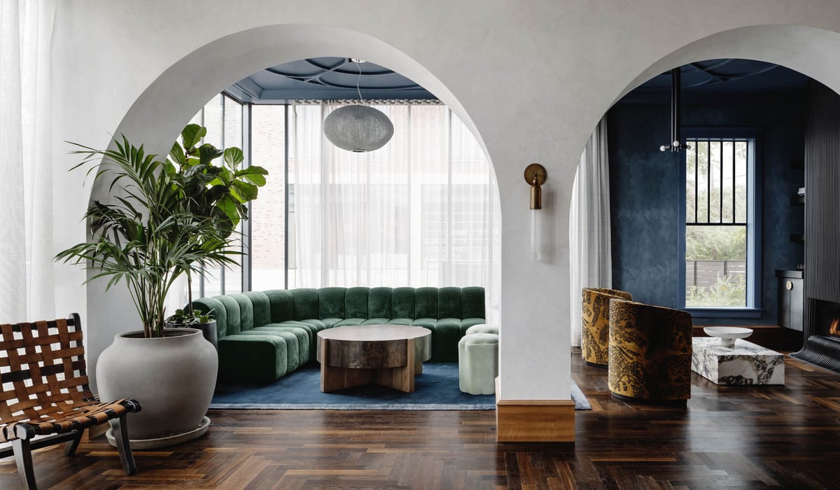 archways in the lounge area of an office space