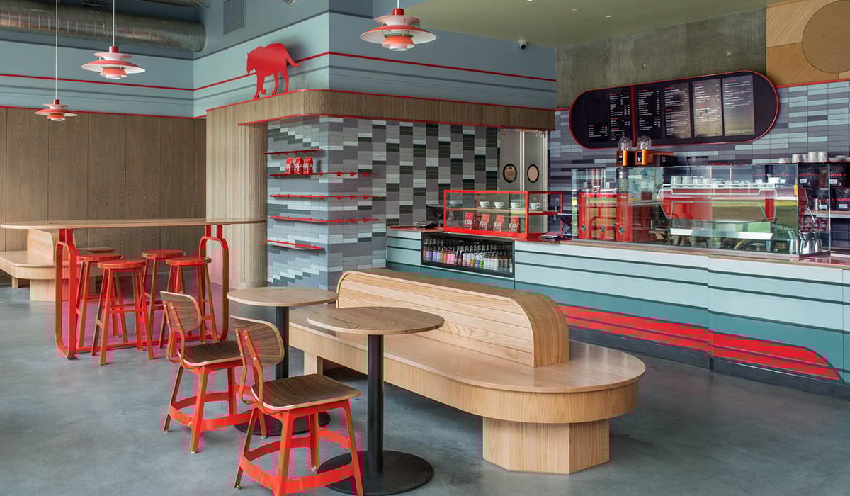 a blue and red modern café