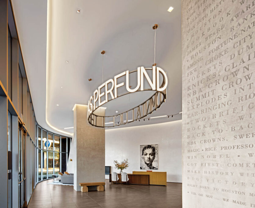 the lobby of the Brava tower in Houston