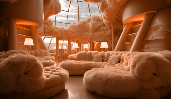A fuzzy and comfy hotel lobby inspired by the Pantone Color of the Year 2024: Peach Fuzz.