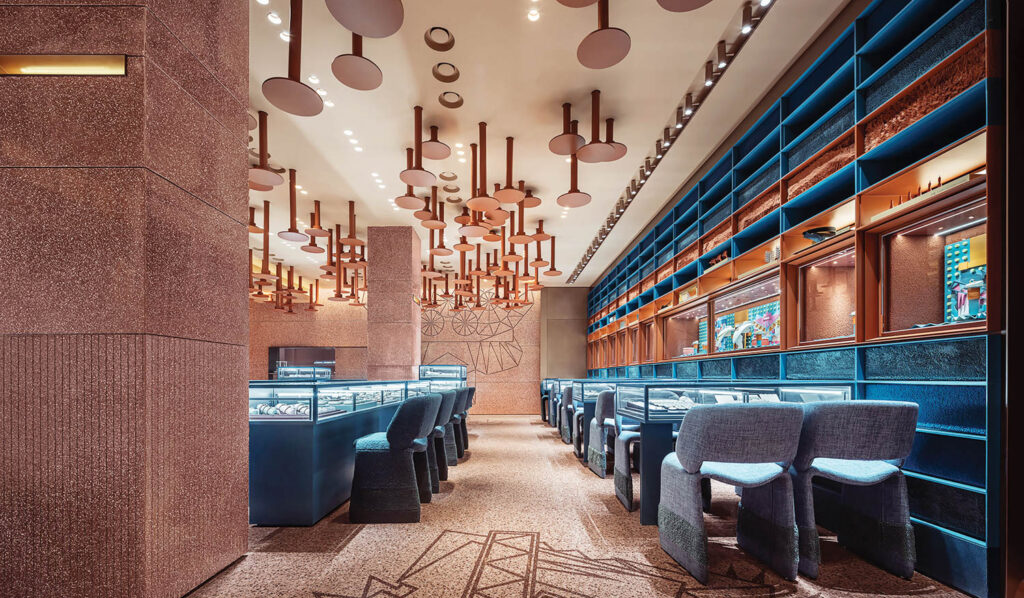 blue chairs in pink room