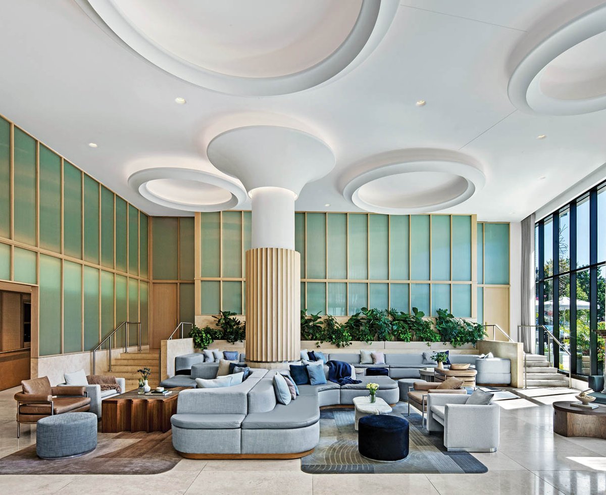 hotel lobby with white ceiling