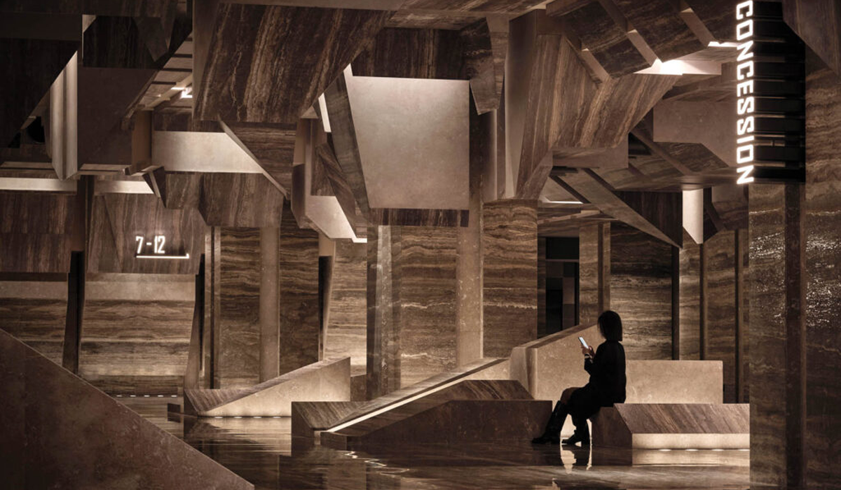A moody cinema interior with geometric forms