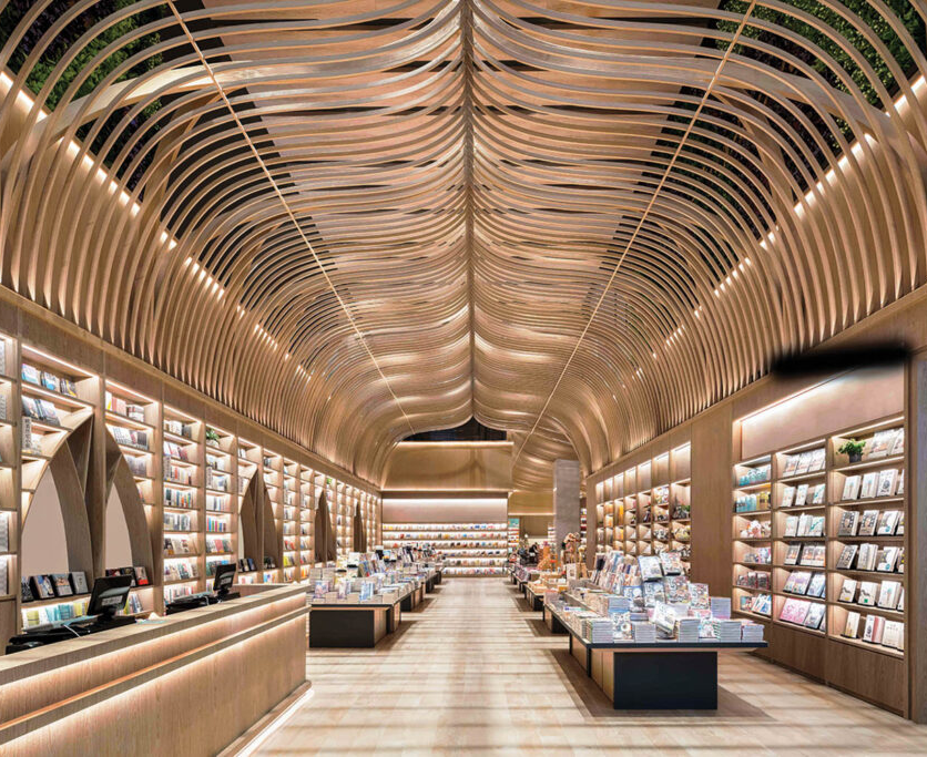 a riblike wood ceiling in a bookstore