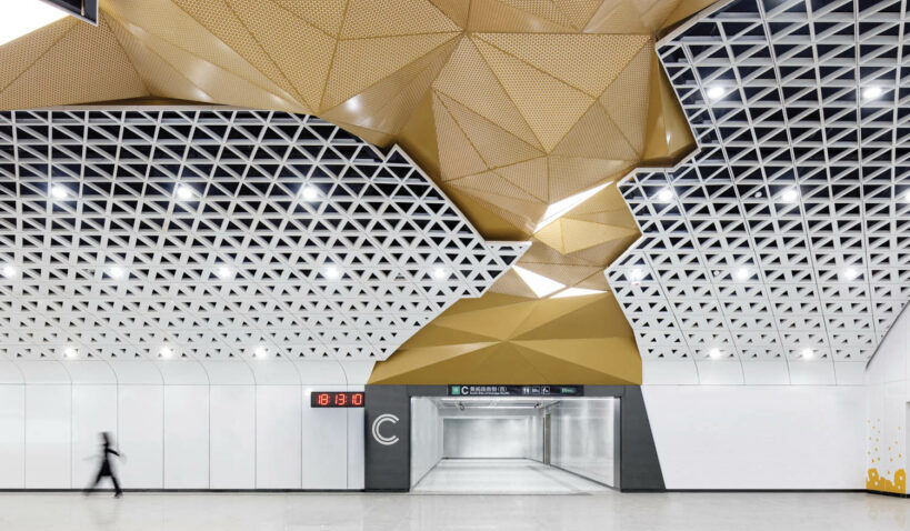 a rocklike ceiling installation inside a metro line in china