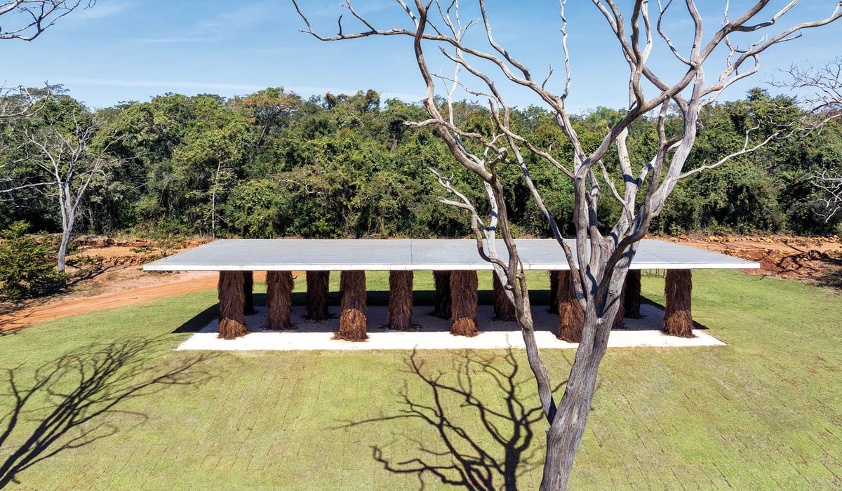 a sculptural pavilion in an outdoor park