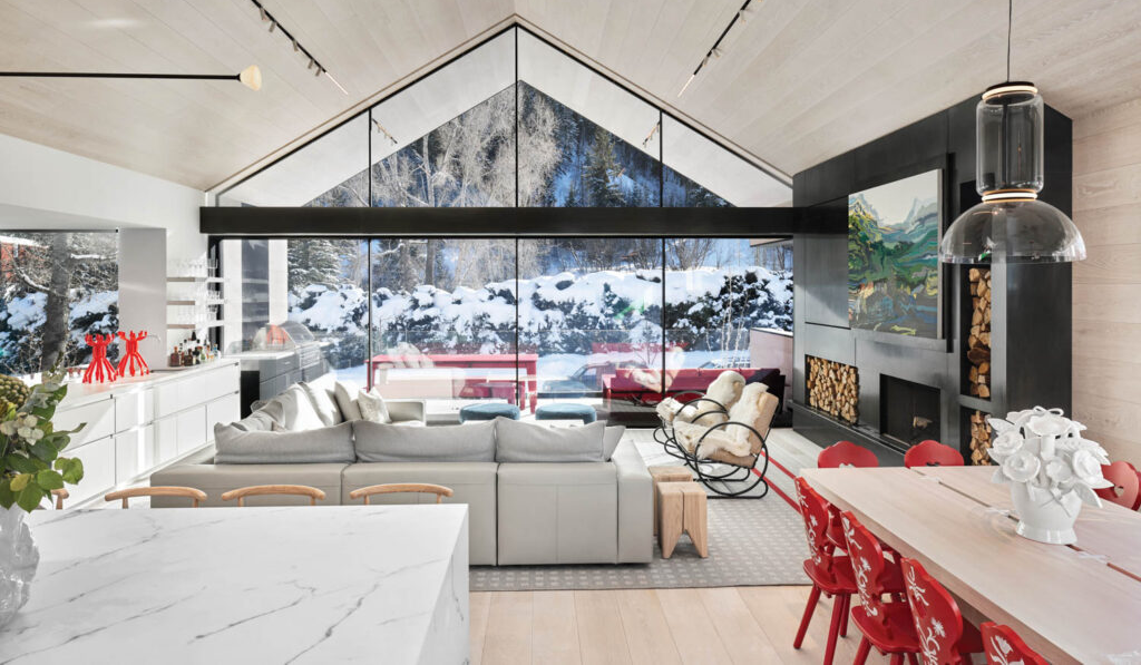 den with white shelves and neon green seating area