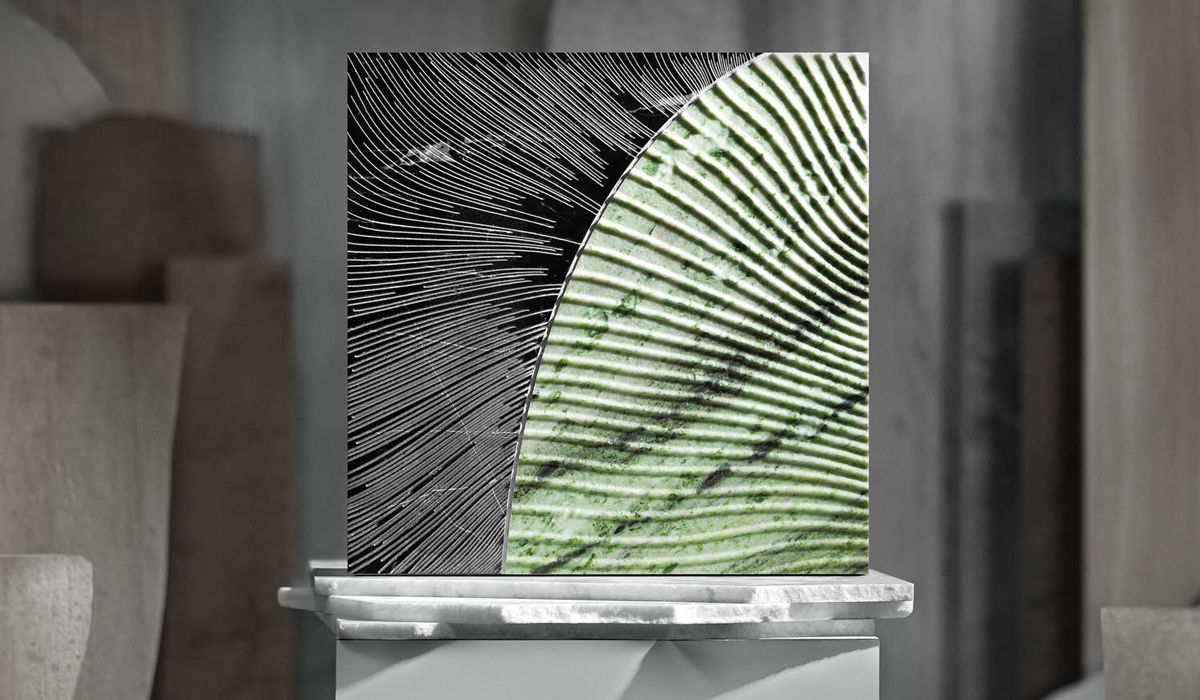 close up of stone tile in Matcha verde color