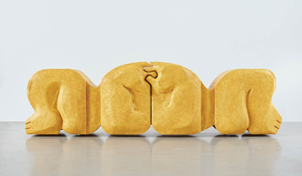 yellow plush seating in abstract shapes