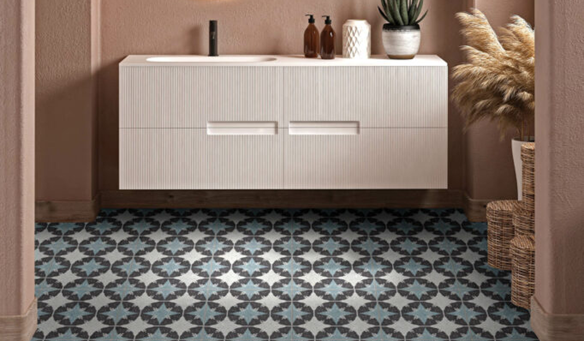 white console hovering over patterned blue and white tiles