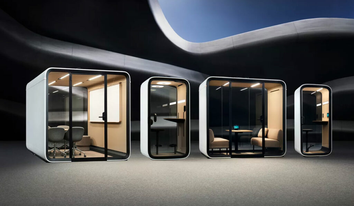 multiple office pods with glass windows