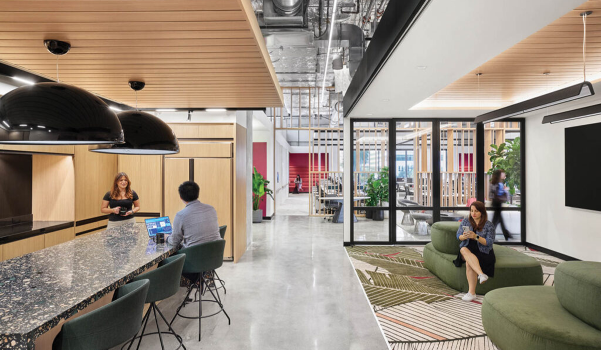 communal room with slatted wooden ceilings and bright light