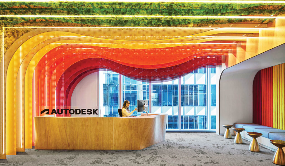 front desk area of Autodesk with rainbow colored ceiling panels and lights