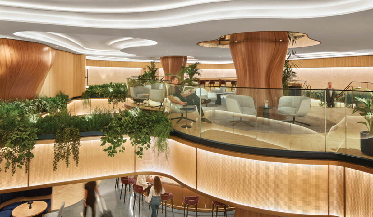 airport lounge section with lots of greenery and neutral themes