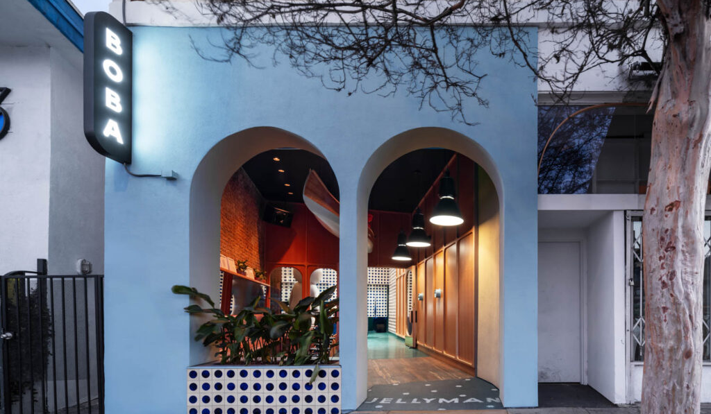 exterior of Jellyman Tea Shop with light blue archways