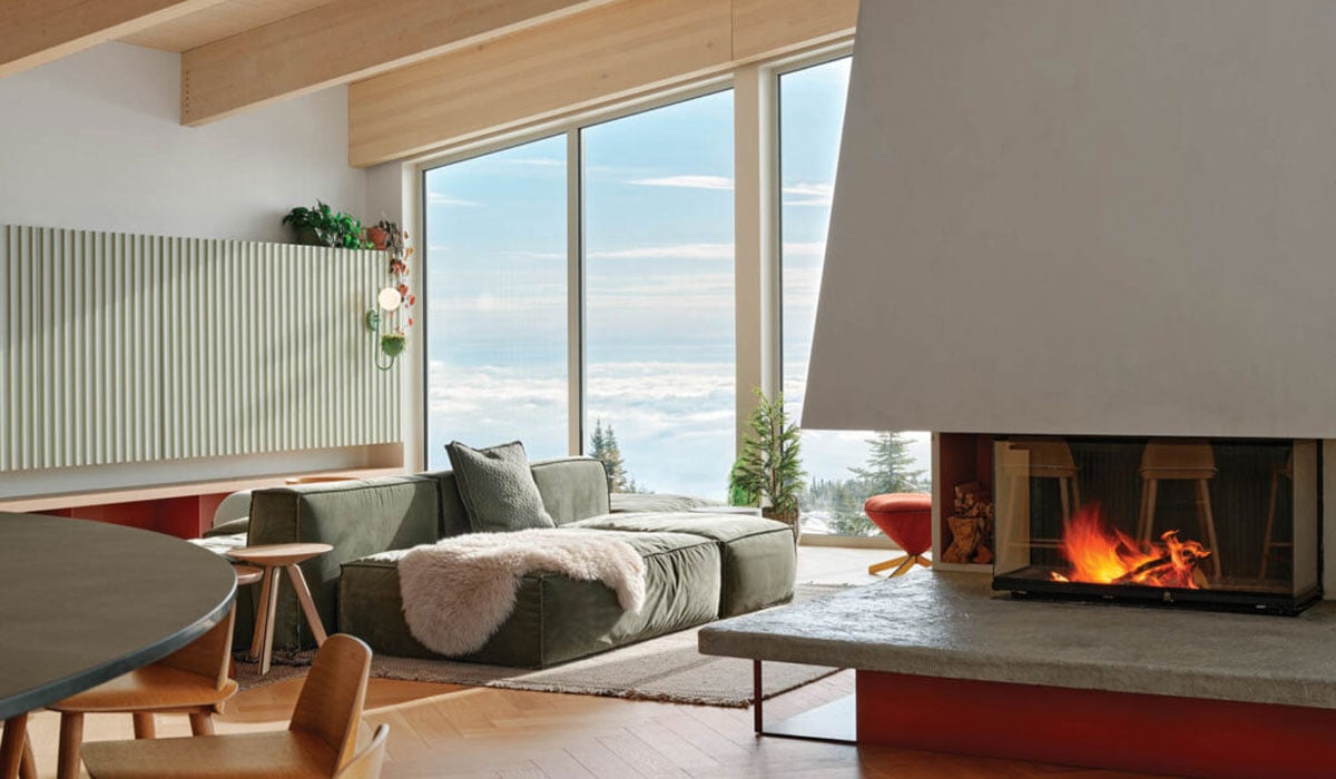 living room with fireplace and fuzzy couches