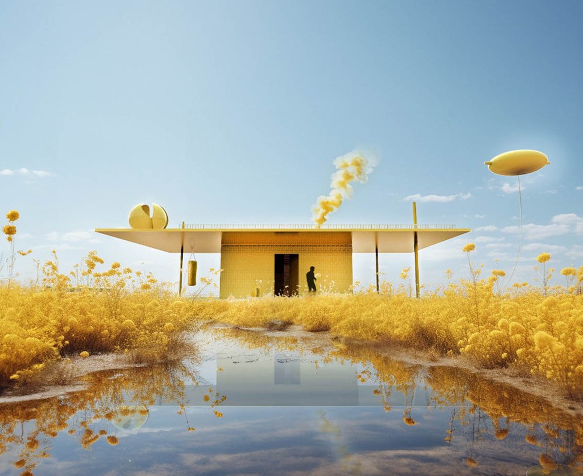 exterior view of yellow house in yellow field