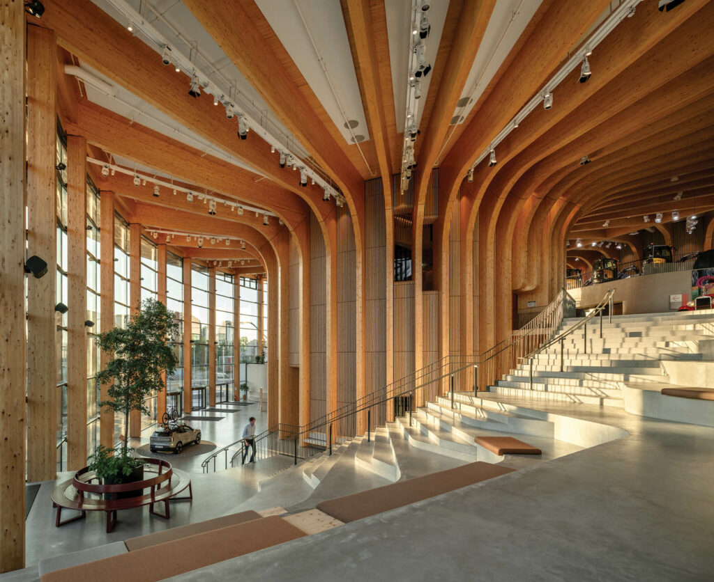 a concrete stair curves around the treelike structure at center