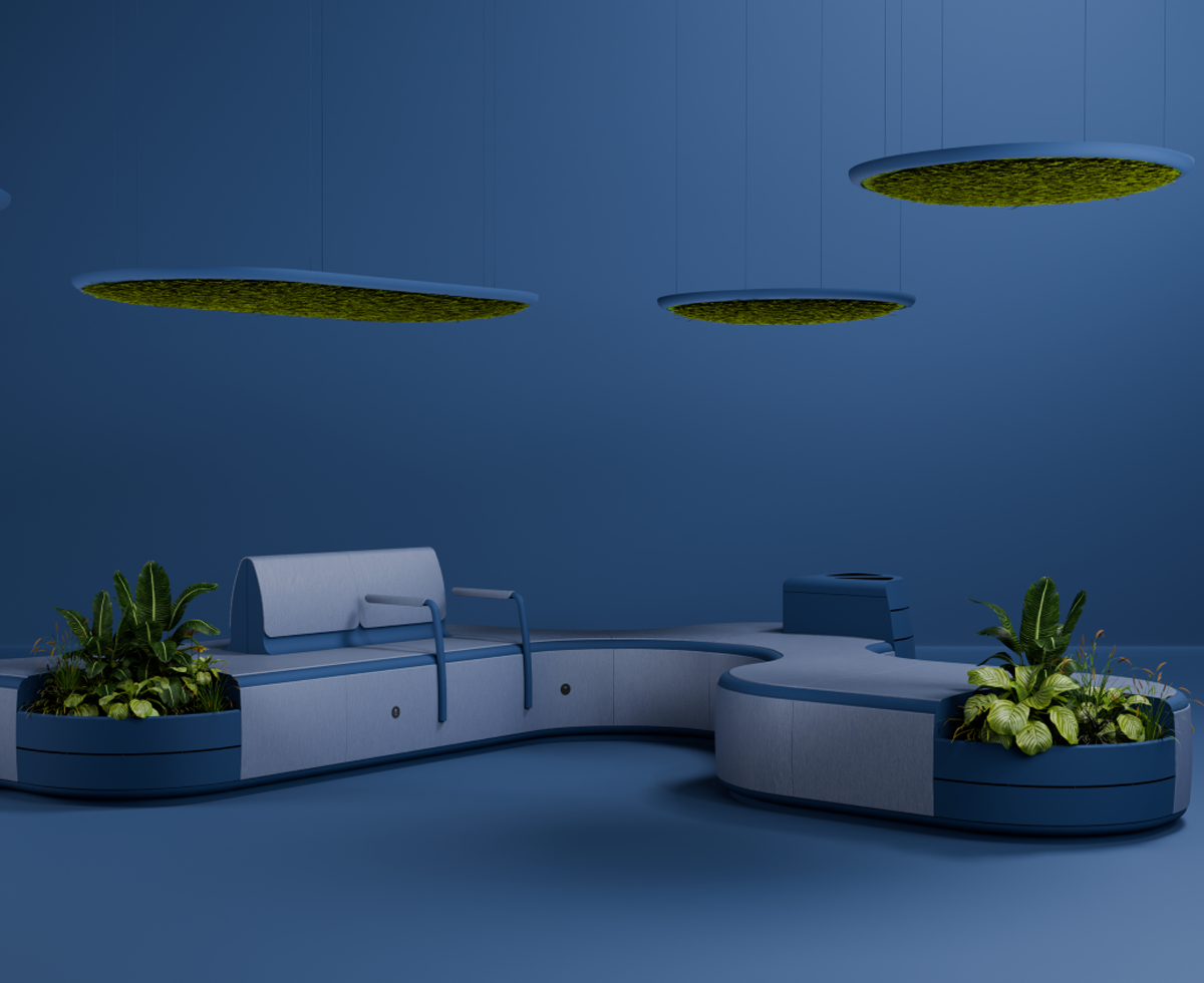 long table with planters inside in a blue room
