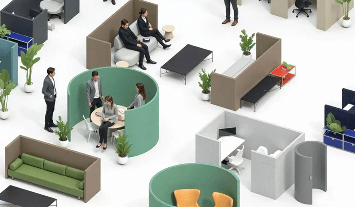 people in work colorful furniture  