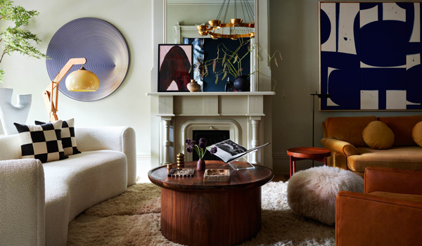 the modern living room of a renovated brownstone