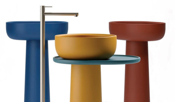 washbasins in yellow, red, and blue