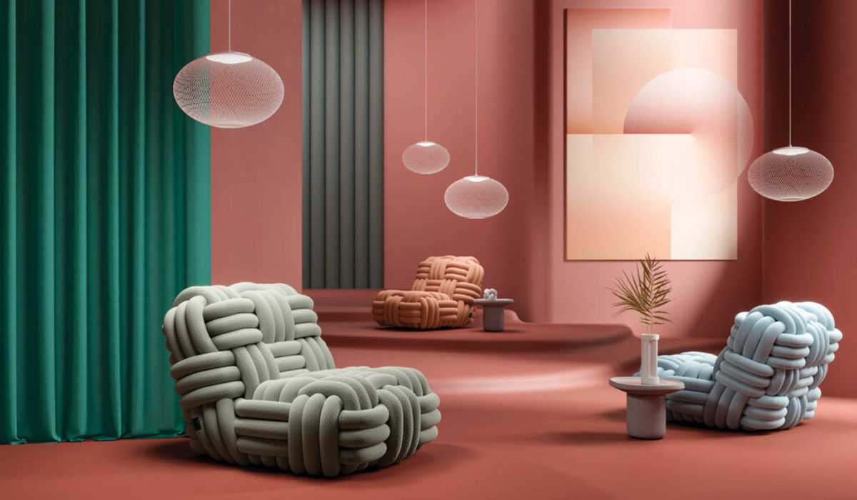 Showroom with pink walls, green drapes and yarn-like armchairs