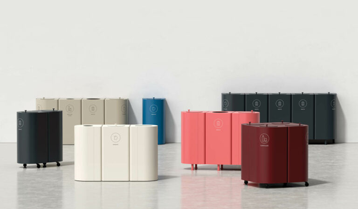 colorful desk units in cream, pink, green, and tan