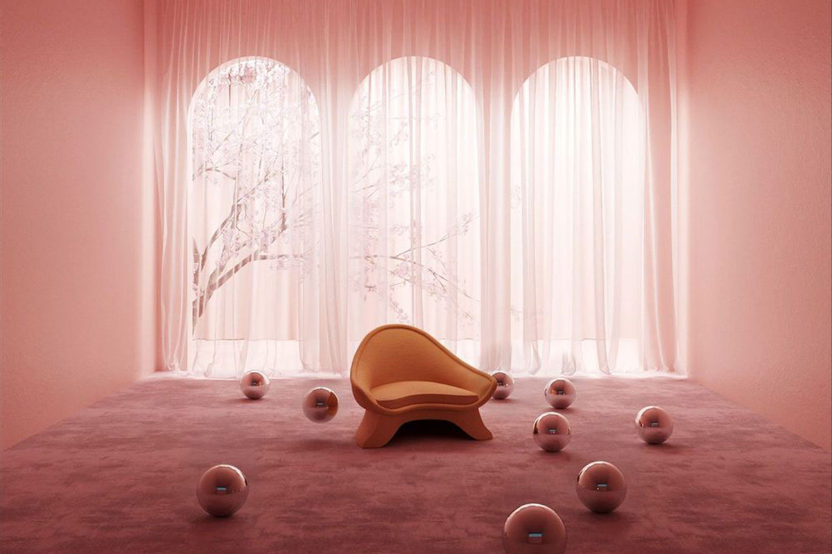 room display with chair in front of window treatments