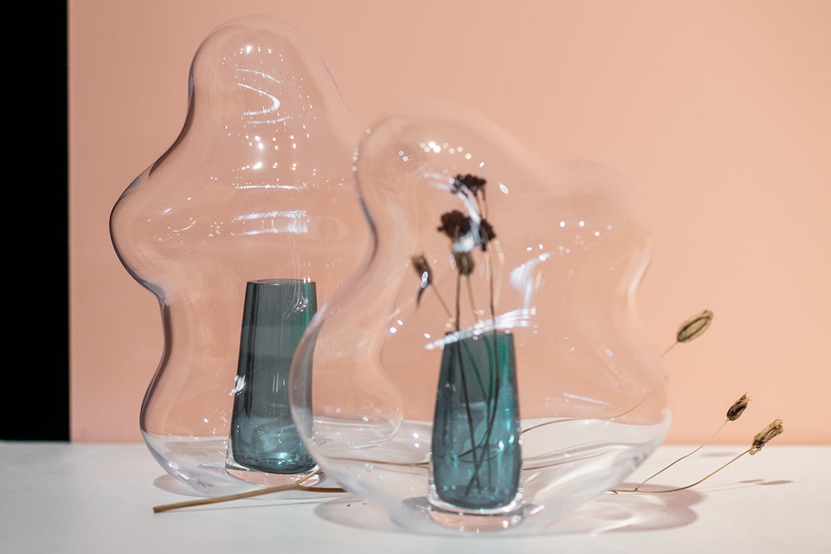 table display with decorative glass accessories