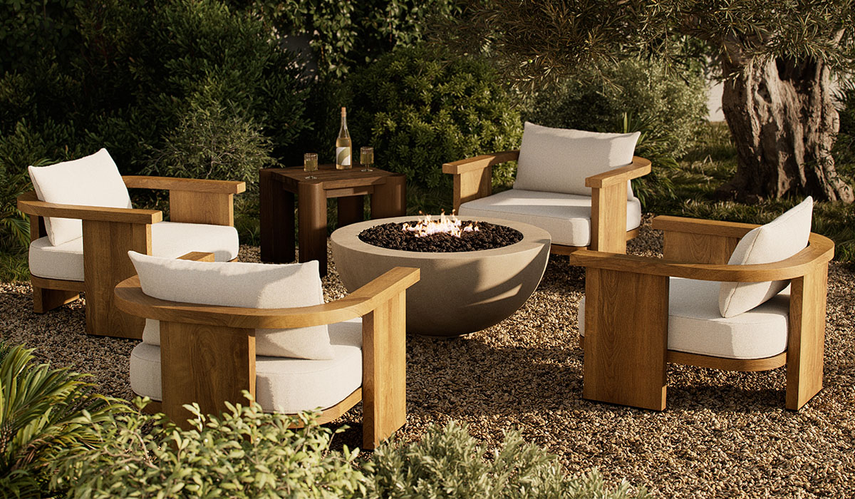 Four chairs positioned around an outdoor fire pit.
