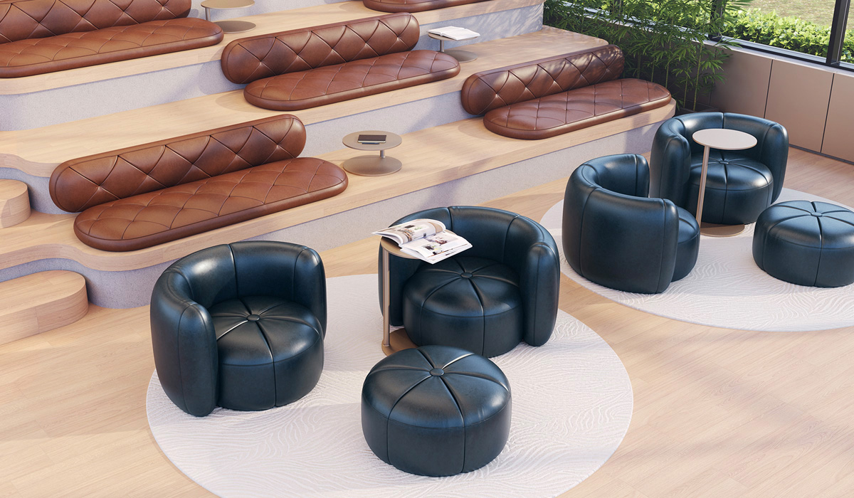 Chairs and benches with leather upholstery.